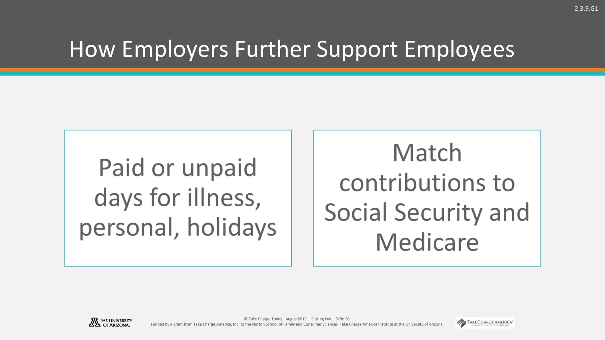 2.3.9.G1
© Take Charge Today –August2013 – Getting Paid– Slide 20
Funded by a grant from Take Charge America, Inc. to the Norton School of Family and Consumer Sciences Take Charge America Institute at the University of Arizona
How Employers Further Support Employees
 