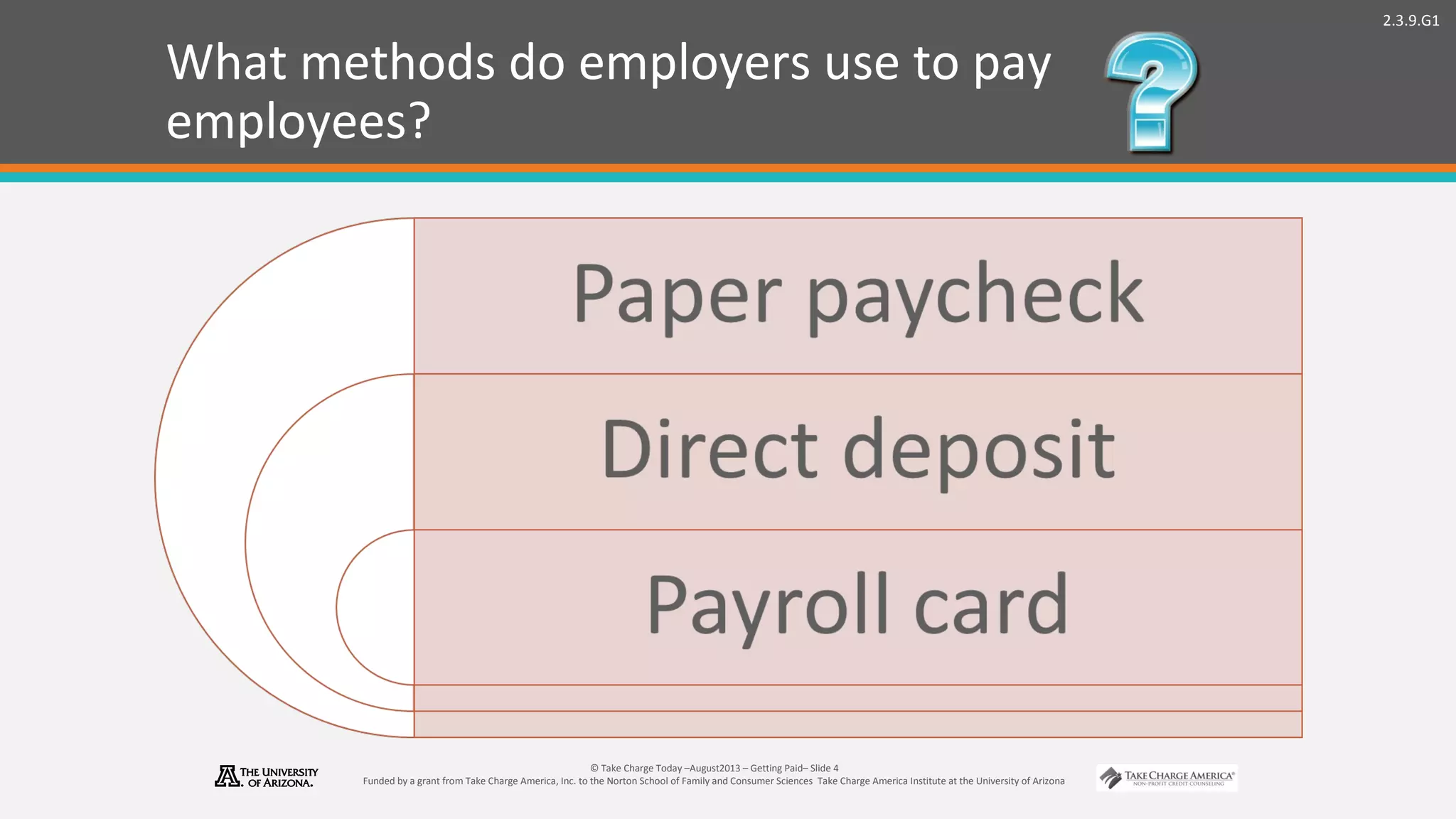 2.3.9.G1
© Take Charge Today –August2013 – Getting Paid– Slide 4
Funded by a grant from Take Charge America, Inc. to the Norton School of Family and Consumer Sciences Take Charge America Institute at the University of Arizona
What methods do employers use to pay
employees?
 