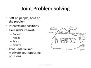 Joint Problem Solving
• Soft on people, hard on
the problem
• Interests not positions
• Each side’s interests:
– Concerns
– Needs
– Fears
– Desires
• That underlie and
motivate your opposing
positions
www.mba-asap.com
 