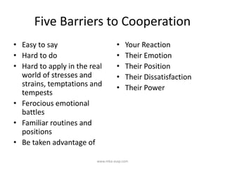 Five Barriers to Cooperation
• Easy to say
• Hard to do
• Hard to apply in the real
world of stresses and
strains, temptations and
tempests
• Ferocious emotional
battles
• Familiar routines and
positions
• Be taken advantage of
• Your Reaction
• Their Emotion
• Their Position
• Their Dissatisfaction
• Their Power
www.mba-asap.com
 