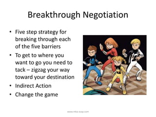 Breakthrough Negotiation
• Five step strategy for
breaking through each
of the five barriers
• To get to where you
want to go you need to
tack – zigzag your way
toward your destination
• Indirect Action
• Change the game
www.mba-asap.com
 