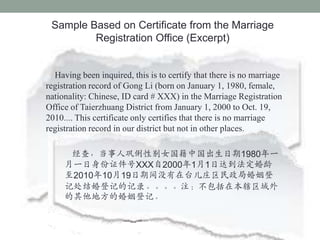 Sample Based on Certificate from the Marriage
         Registration Office (Excerpt)


  Having been inquired, this is to certify that there is no marriage
registration record of Gong Li (born on January 1, 1980, female,
nationality: Chinese, ID card # XXX) in the Marriage Registration
Office of Taierzhuang District from January 1, 2000 to Oct. 19,
2010.... This certificate only certifies that there is no marriage
registration record in our district but not in other places.

      飬˹ԱŮй1980һ
     һ֤XXX200011մﵽ
     20101019ڼų̂ׯֻ
     ǴǼǵļ¼עڱϽ
     طĻǼǡ
 