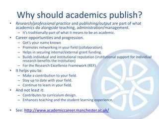 Why should academics publish?
• Research/professional practice and publishing/output are part of what
academics do alongsi...