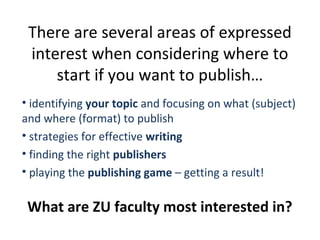 There are several areas of expressed
interest when considering where to
start if you want to publish…
• identifying your topic and focusing on what (subject)
and where (format) to publish
• strategies for effective writing
• finding the right publishers
• playing the publishing game – getting a result!

What are ZU faculty most interested in?

 