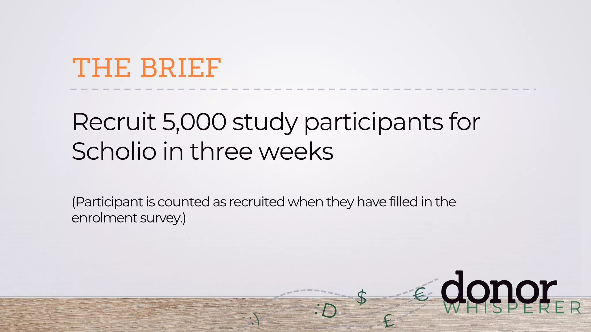 W H I S P E R E R
donor:D
£
$
THE BRIEF
Recruit 5,000 study participants for
Scholio in three weeks
(Participant is counted as recruited when they have filled in the
enrolment survey.)
 