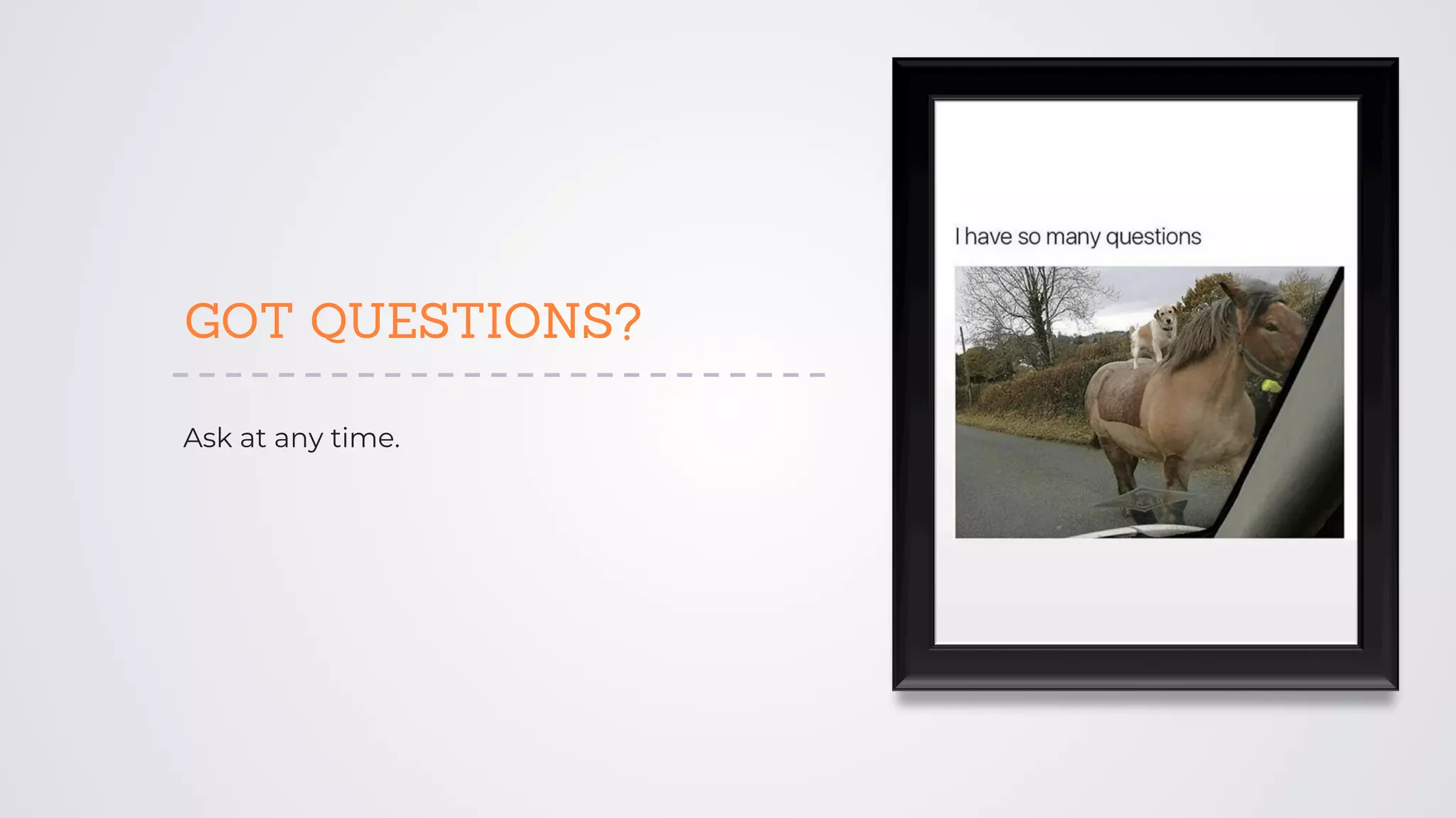 GOT QUESTIONS?
Ask at any time.
 