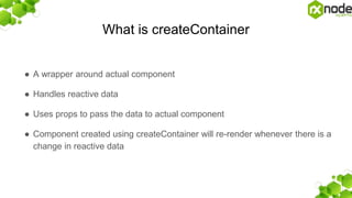 What is createContainer
● A wrapper around actual component
● Handles reactive data
● Uses props to pass the data to actual component
● Component created using createContainer will re-render whenever there is a
change in reactive data
 
