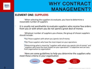 WHY CONTRACT
MANAGEMENT?
ELEMENT ONE: SUPPLIERS
When selecting the suppliers to evaluate, you have to determine a

reasonable number of suppliers


It is usually not worthwhile to evaluate suppliers who receive few orders
from you or with whom you do not spend a great deal of money
Whatever number of suppliers you choose, the group of chosen suppliers

should include:

(a) Those suppliers with whom you spend a lot of money
(b) Those suppliers who have the most impact on your operations
Determining what is meant by "suppliers with whom you spend a lot of money" and

"suppliers who have the most impact on your operations" is subjective and can vary
from organisation to organization

Here are some guidelines to help you determine the suppliers who

meet these criteria in your organisation
Suppliers

9

Raters

Performance

Supplier
Rating
Program

copyright© to Business Services Support Limited 2011

 