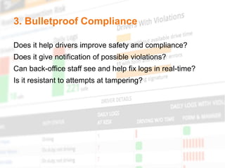 3. Bulletproof Compliance
Does it help drivers improve safety and compliance?
Does it give notification of possible violations?
Can back-office staff see and help fix logs in real-time?
Is it resistant to attempts at tampering?
 
