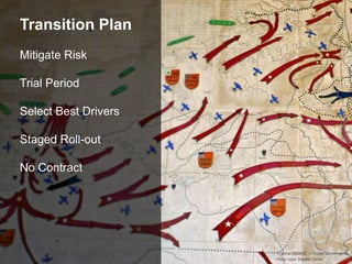 Transition Plan
Mitigate Risk
Trial Period
Select Best Drivers
Staged Roll-out
No Contract
France-000832 – Troop Movements
Flickr user Dennis Jarvis
 
