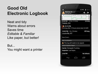 Good Old
Electronic Logbook
Neat and tidy
Warns about errors
Saves time
Editable & Familiar
Like paper, but better!
But...
You might want a printer
 