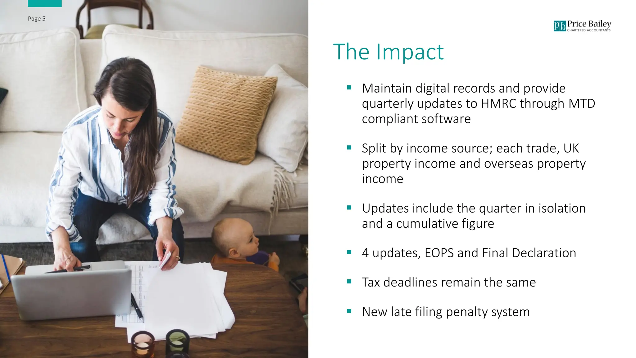 Page 5
The Impact
▪ Maintain digital records and provide
quarterly updates to HMRC through MTD
compliant software
▪ Split by income source; each trade, UK
property income and overseas property
income
▪ Updates include the quarter in isolation
and a cumulative figure
▪ 4 updates, EOPS and Final Declaration
▪ Tax deadlines remain the same
▪ New late filing penalty system
 