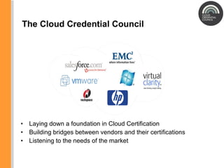 The Cloud Credential Council Laying down a foundation in Cloud Certification Building bridges between vendors and their certifications Listening to the needs of the market 