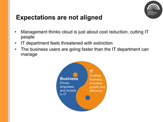 Expectations are not aligned Management thinks cloud is just about cost reduction, cutting IT people IT department feels threatened with extinction The business users are going faster than the IT department can manage Business Drives,  empowes,  and invests  in IT IT Enables business, inovation, growth and efficiency 