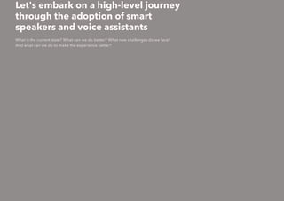 Let's embark on a high-level journey
through the adoption of smart
speakers and voice assistants
What is the current state? What can we do better? What new challenges do we face?
And what can we do to make the experience better?
 