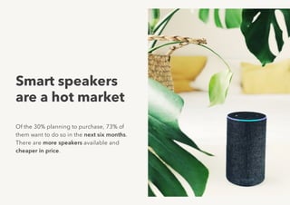 Smart speakers
are a hot market
Of the 30% planning to purchase, 73% of
them want to do so in the next six months.
There are more speakers available and
cheaper in price.
 