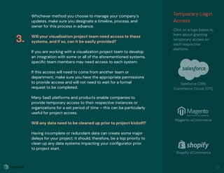 Whichever method you choose to manage your company’s
updates, make sure you designate a timeline, process, and
owner for this process in advance.
Will your visualization project team need access to these
systems, and if so, can it be easily provided?
If you are working with a visualization project team to develop
an integration with some or all of the aforementioned systems,
speciﬁc team members may need access to each system.
If this access will need to come from another team or
department, make sure you have the appropriate permissions
to provide access and will not need to wait for a formal
request to be completed. 
Many SaaS platforms and products enable companies to
provide temporary access to their respective instances or
organizations for a set period of time – this can be particularly
useful for project access.
Will any data need to be cleaned up prior to project kickoff?
Having incomplete or redundant data can create some major
delays for your project; it should, therefore, be a top priority to
clean up any data systems impacting your conﬁgurator prior
to project start.
3.
21
Temporary Login
Access
Click on a logo below to
learn about granting
temporary access on
each respective
platform.
Saleforce CRM,
Commerce Cloud, CPQ
Magento eCommerce
Shopify eCommerce
 
