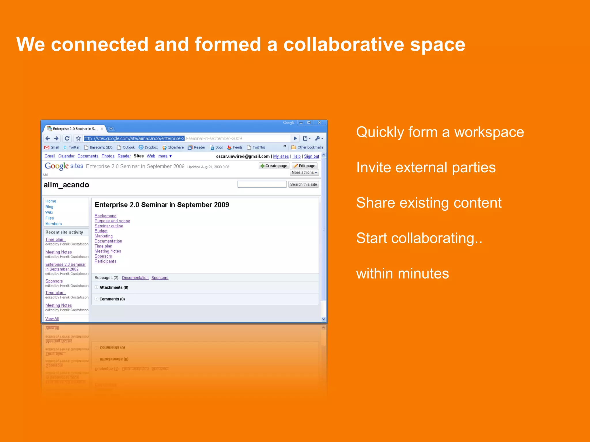 We connected and formed a collaborative space



                                  Quickly form a workspace

                                  Invite external parties

                                  Share existing content

                                  Start collaborating..

                                  within minutes
 