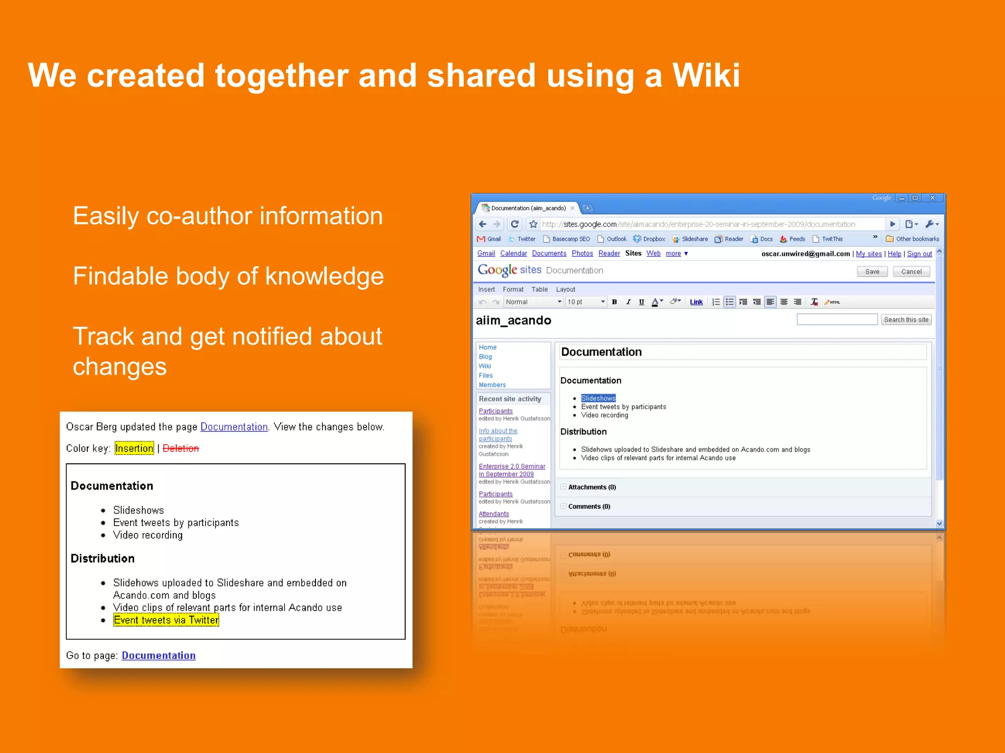 We created together and shared using a Wiki



  Easily co-author information

  Findable body of knowledge

  Track and get notified about
  changes
 