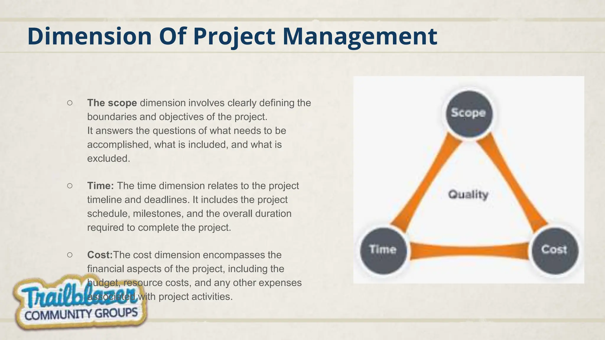 Dimension Of Project Management
○ The scope dimension involves clearly defining the
boundaries and objectives of the project.
It answers the questions of what needs to be
accomplished, what is included, and what is
excluded.
○ Time: The time dimension relates to the project
timeline and deadlines. It includes the project
schedule, milestones, and the overall duration
required to complete the project.
○ Cost:The cost dimension encompasses the
financial aspects of the project, including the
budget, resource costs, and any other expenses
associated with project activities.
 