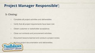 Project Manager Responsible’;
5- Closing:
○ Complete all project activities and deliverables.
○ Verify that all project requirements have been met.
○ Obtain customer or stakeholder acceptance.
○ Close out contracts and procurement activities.
○ Document lessons learned and conduct a project review.
○ Archive project documentation and deliverables.
 