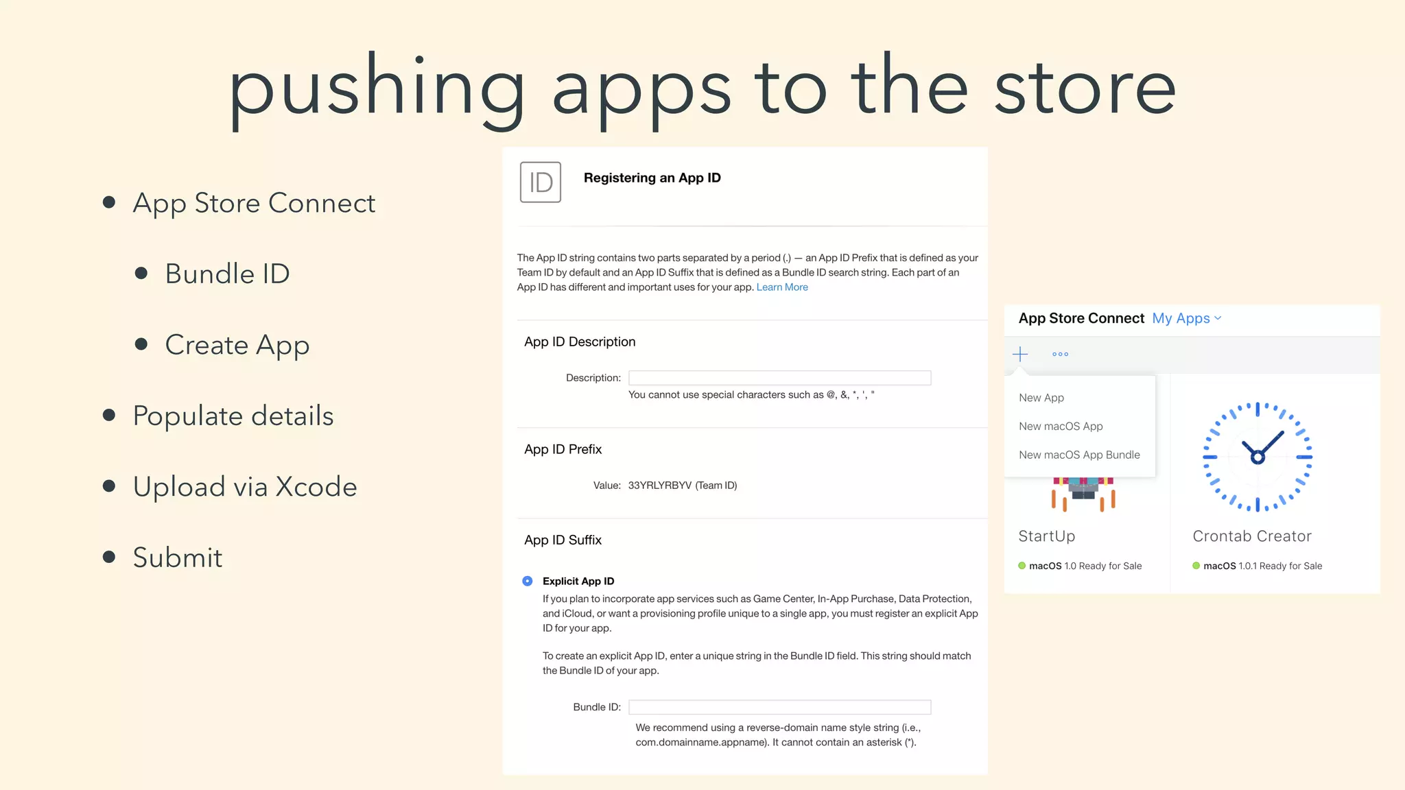 pushing apps to the store
• App Store Connect
• Bundle ID
• Create App
• Populate details
• Upload via Xcode
• Submit
 