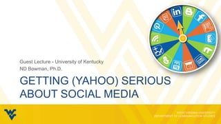 Guest Lecture - University of Kentucky
ND Bowman, Ph.D.

GETTING (YAHOO) SERIOUS
ABOUT SOCIAL MEDIA
 