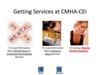 Getting Services at CMHA-CEI




 I’m need information        I’m need information   I’m having a Mental
about Mental Illness or        about Substance      Health Emergency
Developmental Disability        Abuse Services
       Services




                           Back           Restart
 