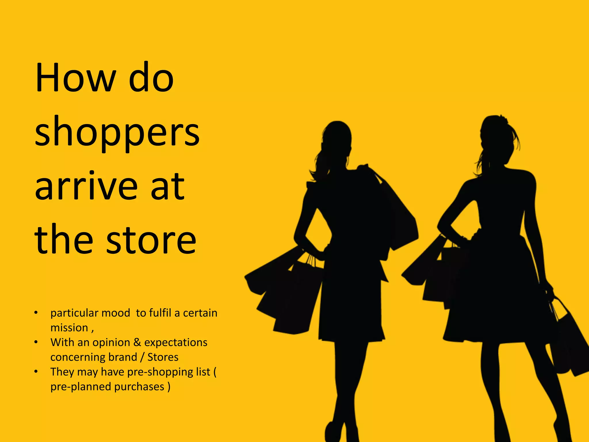 How do
shoppers
arrive at
the store
• particular mood to fulfil a certain
mission ,
• With an opinion & expectations
concerning brand / Stores
• They may have pre-shopping list (
pre-planned purchases )
 