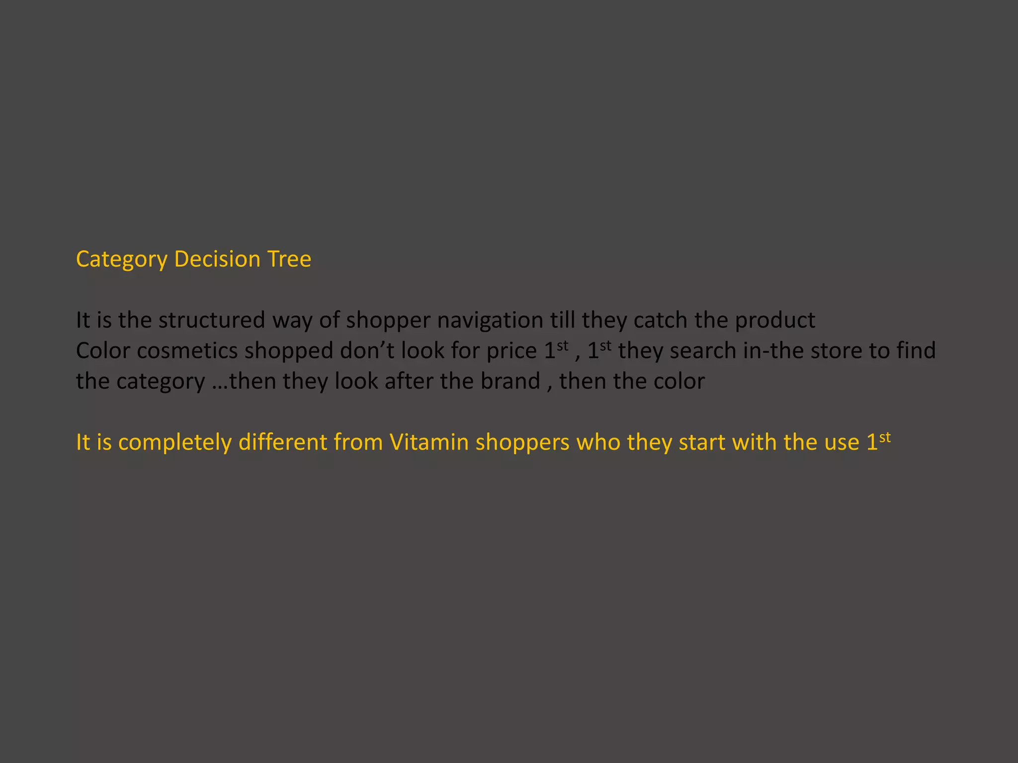 Category Decision Tree
It is the structured way of shopper navigation till they catch the product
Color cosmetics shopped don’t look for price 1st , 1st they search in-the store to find
the category …then they look after the brand , then the color
It is completely different from Vitamin shoppers who they start with the use 1st
 