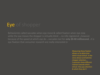 Eye of shopper
Behaviorists called saccades when eye move & called fixation when eye stop
while the eye moves the shopper is virtually blind ….no info registered ,,however
because of the speed at which eye do …saccades last for only 20-40 millisecond ..it is
eye fixation that consumer research are really interested in
Measuring these fixation
allows us to determine
which visual stimuli in the
store attract and hold the
shopper attention….
Customers show different
interest towards which
stimuli they pay attention
& which they don’t
 