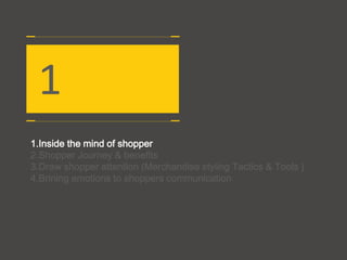 1.Inside the mind of shopper
2.Shopper Journey & benefits
3.Draw shopper attention (Merchandise styling Tactics & Tools )
4.Brining emotions to shoppers communication
1
 