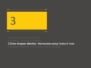 3
1.Inside the mind of shopper
2.Shopper Journey & benefits
3.Draw shopper attention (Merchandise styling Tactics & Tools )
4.Brining emotions to shoppers communication
 