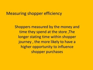 Shoppers measured by the money and
time they spend at the store ,The
longer stating time within shopper
journey , the more likely to have a
higher opportunity to influence
shopper purchases
Measuring shopper efficiency
 
