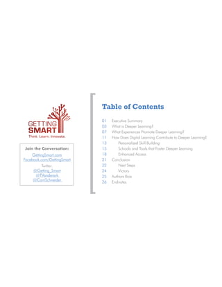 Table of Contents
01	 Executive Summary
03	 What is Deeper Learning?
07	 What Experiences Promote Deeper Learning?
11	 How Does Digital Learning Contribute to Deeper Learning?
13		 Personalized Skill Building
15		 Schools and Tools that Foster Deeper Learning
18		 Enhanced Access
21	Conclusion
22		 Next Steps
24		 Victory
25	 Authors Bios
26	Endnotes
Join the Conversation:
GettingSmart.com
Facebook.com/GettingSmart
Twitter:
@Getting_Smart
@TVanderark
@CarriSchneider
 