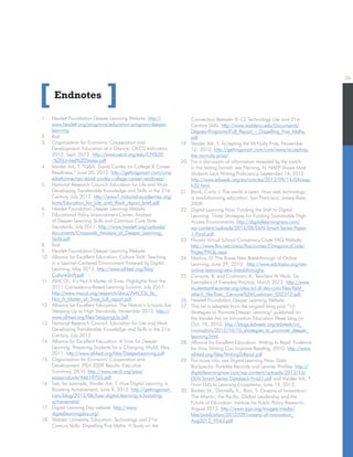 26
Endnotes
1.	 Hewlett Foundation Deeper Learning Website. http://
www.hewlett.org/programs/education-program/deeper-
learning.
2.	 Ibid.
3.	 Organisation for Economic Cooperation and
Development. Education at a Glance: OECD Indicators
2012, Sept. 2012. http://www.oecd.org/edu/CN%20
-%20United%20States.pdf.
4.	 Vander Ark, T. “QA: David Conley on College  Career
Readiness,” June 20, 2012. http://gettingsmart.com/cms/
edreformer/qa-david-conley-college-career-readiness/.
5.	 National Research Council. Education for Life and Work
Developing Transferable Knowledge and Skills in the 21st
Century, July 2012. http://www7.national-academies.org/
bota/Education_for_Life_and_Work_report_brief.pdf.
6.	 Hewlett Foundation Deeper Learning Website.
7.	 Educational Policy Improvement Center. Analysis
of Deeper Learning Skills and Common Core State
Standards, July 2011. http://www.hewlett.org/uploads/
documents/Crosswalk_Analysis_of_Deeper_Learning_
Skills.pdf
8.	 Ibid.
9.	 Hewlett Foundation Deeper Learning Website.
10.	 Alliance for Excellent Education. Culture Shift: Teaching
in a Learner-Centered Environment Powered by Digital
Learning, May 2012. http://www.all4ed.org/files/
CultureShift.pdf.
11.	 iNACOL. It’s Not A Matter of Time: Highlights from the
2011 Competency-Based Learning Summit, July 2011.
http://www.inacol.org/research/docs/iNACOL_Its_
Not_A_Matter_of_Time_full_report.pdf.
12.	 Alliance for Excellent Education. The Nation’s Schools Are
Steeping Up to High Standards, November 2012. http://
www.all4ed.org/files/SteppingUp.pdf.
13.	 National Research Council. Education for Life and Work
Developing Transferable Knowledge and Skills in the 21st
Century, July 2012.
14.	 Alliance for Excellent Education. A Time for Deeper
Learning: Preparing Students for a Changing World, May
2011. http://www.all4ed.org/files/DeeperLearning.pdf.
15.	 Organisation for Economic Cooperation and
Development. PISA 2009 Results: Executive
Summary, 2010. http://www.oecd.org/pisa/
pisaproducts/46619703.pdf.
16.	 See, for example, Vander Ark, T. How Digital Learning is
Boosting Achievement, June 8, 2012. http://gettingsmart.
com/blog/2012/06/how-digital-learning-is-boosting-
achievement/.
17.	 Digital Learning Day website. http://www.
digitallearningday.org/.
18.	 Walden University. Educators, Technology and 21st
Century Skills: Dispelling Five Myths: A Study on the
Connection Between K–12 Technology Use and 21st
Century Skills. http://www.waldenu.edu/Documents/
Degree-Programs/Full_Report_-_Dispelling_Five_Myths.
pdf.
19.	 Vander Ark, T. Accepting the McNulty Prize, November
12, 2010. http://gettingsmart.com/cms/news/accepting-
the-mcnulty-prize/.
20.	 For a discussion of information revealed by the switch
in the testing format, see Fleming, N. NAEP Shows Most
Students Lack Writing Proficiency, September 14, 2012.
http://www.edweek.org/ew/articles/2012/09/14/04naep.
h32.html.
21.	 Bonk, Curtis J. The world is open: How web technology
is revolutionizing education. San Francisco: Jossey-Bass,
2009.
22.	 Digital Learning Now. Funding the Shift to Digital
Learning: Three Strategies for Funding Sustainable High-
Access Environments. http://digitallearningnow.com/
wp-content/uploads/2012/08/DLN-Smart-Series-Paper-
1-Final.pdf.
23.	 Florida Virtual School Conspiracy Code FAQ Website.
http://www.flvs.net/areas/flvscourses/ConspiracyCode/
Pages/FAQs.aspx.
24.	 Markus, D. The Brave New Breakthrough of Online
Learning, June 29, 2010. http://www.edutopia.org/stw-
online-learning-new-breakthroughs.
25.	 Cervone, B. and Cushman, K. Teachers At Work: Six
Exemplars of Everyday Practice, March 2012. http://www.
studentsatthecenter.org/sites/scl.dl-dev.com/files/field_
attach_file/Exec_Cervone%26Cushman_032312.pdf.
26.	 Hewlett Foundation Deeper Learning Website.
27.	 This list is adapted from the original blog post “10
Strategies to Promote Deeper Learning” published on
the Vander Ark on Innovation Education Week blog on
Oct. 10, 2010. http://blogs.edweek.org/edweek/on_
innovation/2012/10/10_strategies_to_promote_deeper_
learning.html.
28.	 Alliance for Excellent Education. Writing to Read: Evidence
for How Writing Can Improve Reading, 2010. http://www.
all4ed.org/files/WritingToRead.pdf.
29.	 For more info, see Digital Learning Now. Data
Backpacks: Portable Records and Learner Profiles. http://
digitallearningnow.com/wp-content/uploads/2012/10/
DLN-Smart-Series-Databack-Final1.pdf and Vander Ark, T.
From LMS to Learning Ecosystems, June 14, 2012.
30.	 Barber, M., Donnelly, K., Rizvi, S. Oceans of Innovation:
The Atlantic, the Pacific, Global Leadership and the
Future of Education. Institute for Public Policy Research,
August 2012. http://www.ippr.org/images/media/
files/publication/2012/09/oceans-of-innovation_
Aug2012_9543.pdf
[ ]
 