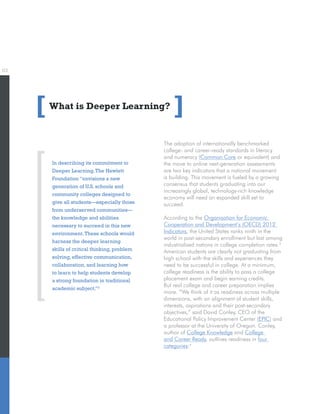03
What is Deeper Learning?
The adoption of internationally benchmarked
college- and career-ready standards in literacy
and numeracy (Common Core or equivalent) and
the move to online next-generation assessments
are two key indicators that a national movement
is building. This movement is fueled by a growing
consensus that students graduating into our
increasingly global, technology-rich knowledge
economy will need an expanded skill set to
succeed.
According to the Organisation for Economic
Cooperation and Development’s (OECD) 2012
Indicators, the United States ranks ninth in the
world in post-secondary enrollment but last among
industrialized nations in college completion rates.3
American students are clearly not graduating from
high school with the skills and experiences they
need to be successful in college. At a minimum,
college readiness is the ability to pass a college
placement exam and begin earning credits.
But real college and career preparation implies
more. “We think of it as readiness across multiple
dimensions, with an alignment of student skills,
interests, aspirations and their post-secondary
objectives,” said David Conley, CEO of the
Educational Policy Improvement Center (EPIC) and
a professor at the University of Oregon. Conley,
author of College Knowledge and College
and Career Ready, outlines readiness in four
categories:4
[ ]
In describing its commitment to
Deeper Learning,The Hewlett
Foundation “envisions a new
generation of U.S. schools and
community colleges designed to
give all students—especially those
from underserved communities—
the knowledge and abilities
necessary to succeed in this new
environment.These schools would
harness the deeper learning
skills of critical thinking, problem
solving, effective communication,
collaboration, and learning how
to learn to help students develop
a strong foundation in traditional
academic subject.”2
 