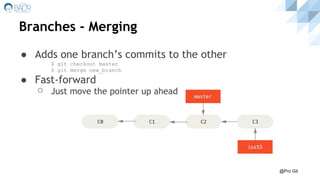Branches - Merging
● Adds one branch’s commits to the other
$ git checkout master
$ git merge new_branch
● Fast-forward
⚪ Just move the pointer up ahead
@Pro Git
 