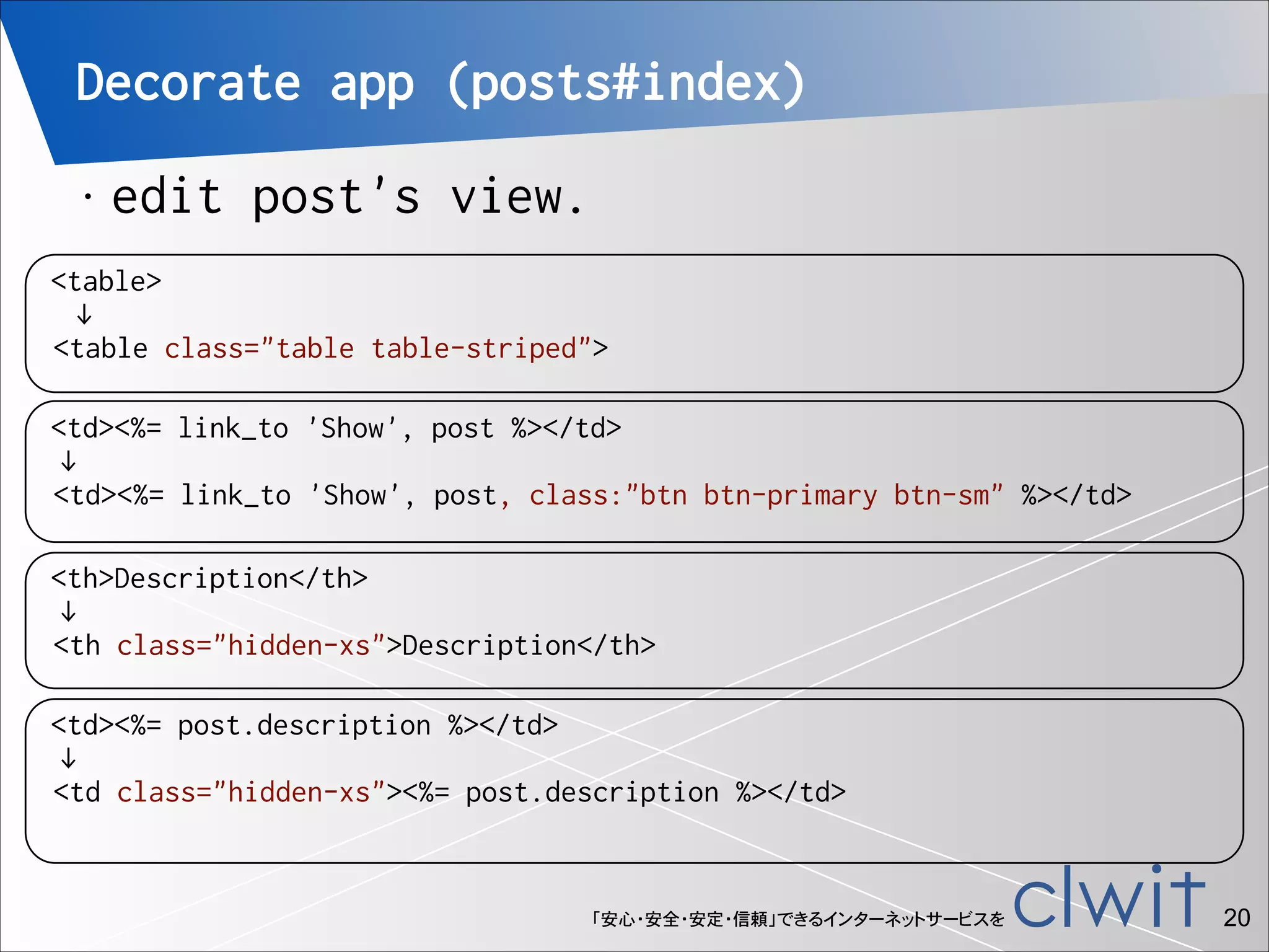 Decorate app (posts#index)
•

edit post's view.

<table>
↓
<table class="table table-striped">
<td><%= link_to 'Show', post %></td>
↓
<td><%= link_to 'Show', post, class:"btn btn-primary btn-sm" %></td>
<th>Description</th>
↓
<th class="hidden-xs">Description</th>
<td><%= post.description %></td>
↓
<td class="hidden-xs"><%= post.description %></td>

「安心・安全・安定・信頼」できるインターネットサービスを

!20

 