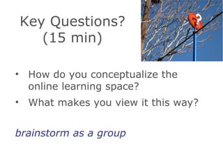 Key Questions? (15 min) How do you conceptualize the online learning space? What makes you view it this way? brainstorm as a group