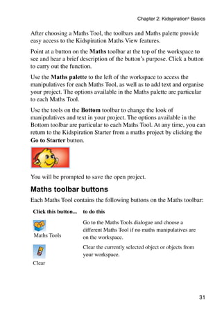 Chapter 2: Kidspiration® Basics

After choosing a Maths Tool, the toolbars and Maths palette provide
easy access to the Kidspiration Maths View features.
Point at a button on the Maths toolbar at the top of the workspace to
see and hear a brief description of the button’s purpose. Click a button
to carry out the function.
Use the Maths palette to the left of the workspace to access the
manipulatives for each Maths Tool, as well as to add text and organise
your project. The options available in the Maths palette are particular
to each Maths Tool.
Use the tools on the Bottom toolbar to change the look of
manipulatives and text in your project. The options available in the
Bottom toolbar are particular to each Maths Tool. At any time, you can
return to the Kidspiration Starter from a maths project by clicking the
Go to Starter button.




You will be prompted to save the open project.

Maths toolbar buttons
Each Maths Tool contains the following buttons on the Maths toolbar:
 Click this button...   to do this
                        Go to the Maths Tools dialogue and choose a
                        different Maths Tool if no maths manipulatives are
 Maths Tools            on the workspace.
                        Clear the currently selected object or objects from
                        your workspace.
 Clear




                                                                              31
 
