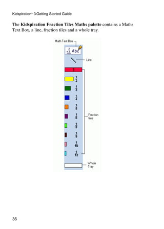 Kidspiration® 3 Getting Started Guide

The Kidspiration Fraction Tiles Maths palette contains a Maths
Text Box, a line, fraction tiles and a whole tray.




36
 