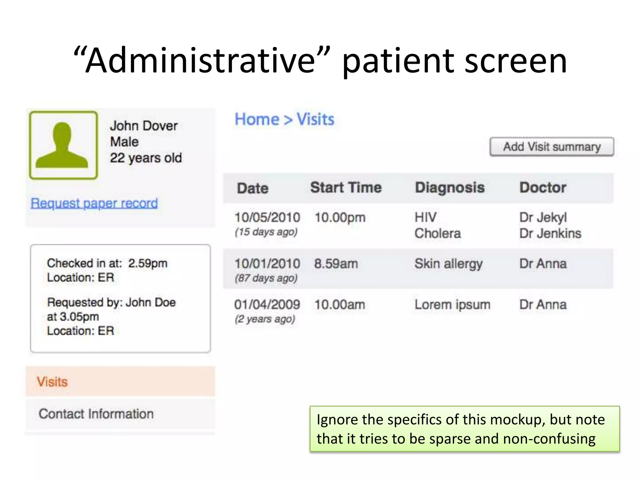 “Administrative” patient screen




               Ignore the specifics of this mockup, but note
               that it tries to be sparse and non-confusing
 