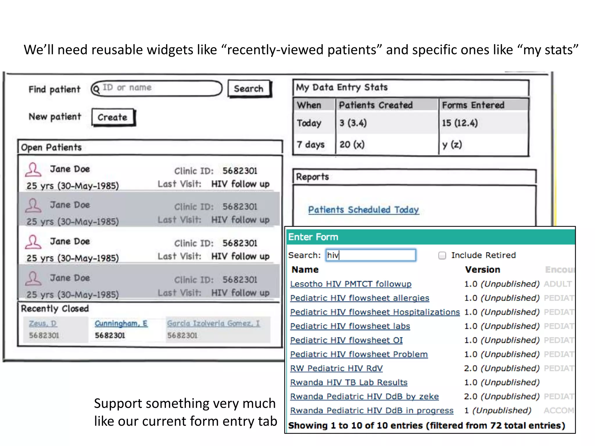 We’ll need reusable widgets like “recently-viewed patients” and specific ones like “my stats”




           Support something very much
           like our current form entry tab
 