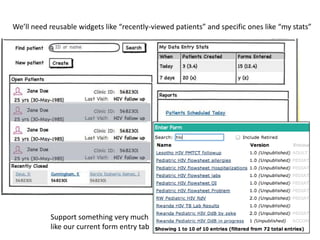We’ll need reusable widgets like “recently-viewed patients” and specific ones like “my stats”




           Support something very much
           like our current form entry tab
 