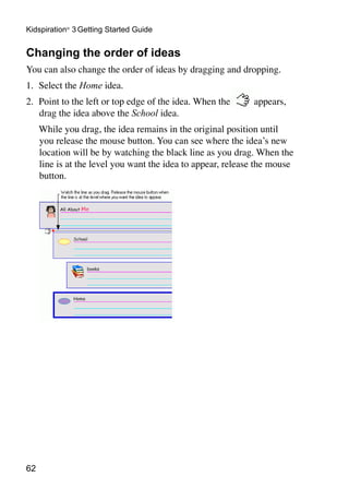 62
Kidspiration®
3 Getting Started Guide
Changing the order of ideas
You can also change the order of ideas by dragging and dropping.
1.	 Select the Home idea.
2.	 Point to the left or top edge of the idea. When the appears,
drag the idea above the School idea.
	 While you drag, the idea remains in the original position until
you release the mouse button. You can see where the idea’s new
location will be by watching the black line as you drag. When the
line is at the level you want the idea to appear, release the mouse
button.
 