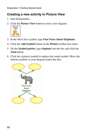 80
Kidspiration®
3 Getting Started Guide
Creating a new activity in Picture View
1.	 Start Kidspiration.
2.	 Click the Picture View button to start a new diagram.
3.	 In the Main Idea symbol, type Four Facts About Elephants.
4.	 Click the Add Symbol button on the Picture toolbar four times.
5.	 On the Symbol palette, type elephant into the box and click the
Find button.
6.	 Click the elephant symbol to replace the round symbol. Move the
bottom symbols so your diagram looks like this:
 