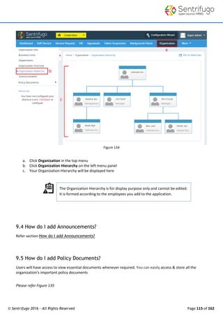 © Sentrifugo 2016 - All Rights Reserved Page 115 of 162
The Organization Hierarchy is for display purpose only and cannot be edited.
It is formed according to the employees you add to the application.
Figure 134
a. Click Organization in the top menu
b. Click Organization Hierarchy on the left menu panel
c. Your Organization Hierarchy will be displayed here
9.4 How do I add Announcements?
Refer section How do I add Announcements?
9.5 How do I add Policy Documents?
Users will have access to view essential documents whenever required. You can easily access & store all the
organization's important policy documents
Please refer Figure 135
 