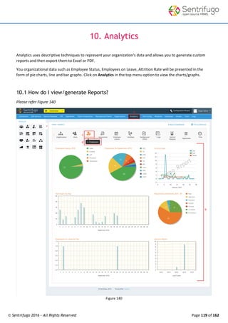 © Sentrifugo 2016 - All Rights Reserved Page 119 of 162
10. Analytics
Analytics uses descriptive techniques to represent your organization's data and allows you to generate custom
reports and then export them to Excel or PDF.
You organizational data such as Employee Status, Employees on Leave, Attrition Rate will be presented in the
form of pie charts, line and bar graphs. Click on Analytics in the top menu option to view the charts/graphs.
10.1 How do I view/generate Reports?
Please refer Figure 140
Figure 140
 