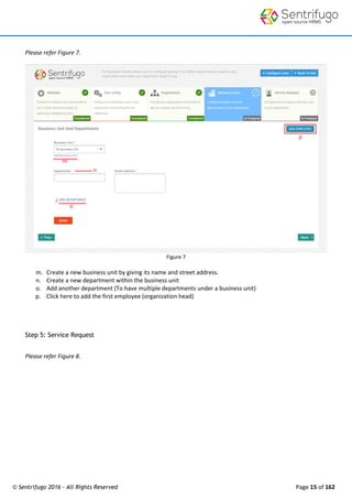 © Sentrifugo 2016 - All Rights Reserved Page 15 of 162
Please refer Figure 7.
Figure 7
m. Create a new business unit by giving its name and street address.
n. Create a new department within the business unit
o. Add another department (To have multiple departments under a business unit)
p. Click here to add the first employee (organization head)
Step 5: Service Request
Please refer Figure 8.
 